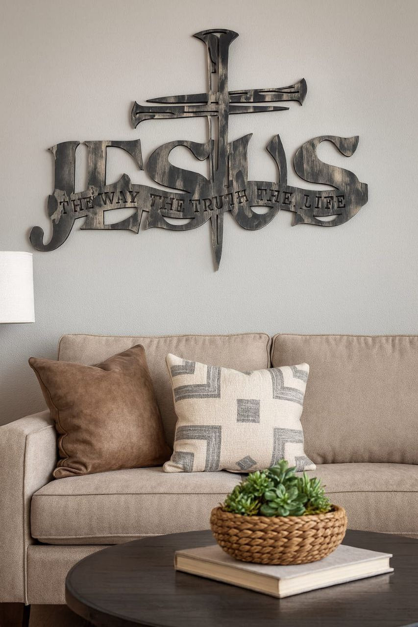JESUS The Way The Truth The Life Nail Cross Sign- John 14:6 Extra Large Wooden Wall Decor
