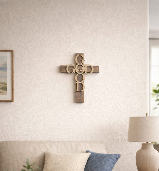 Handmade Rustic Wooden Wall Cross-God is Good Layered Christian Decor