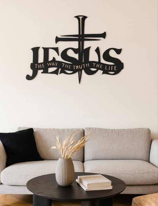 JESUS The Way The Truth The Life Nail Cross Sign- John 14:6 Extra Large Wooden Wall Decor
